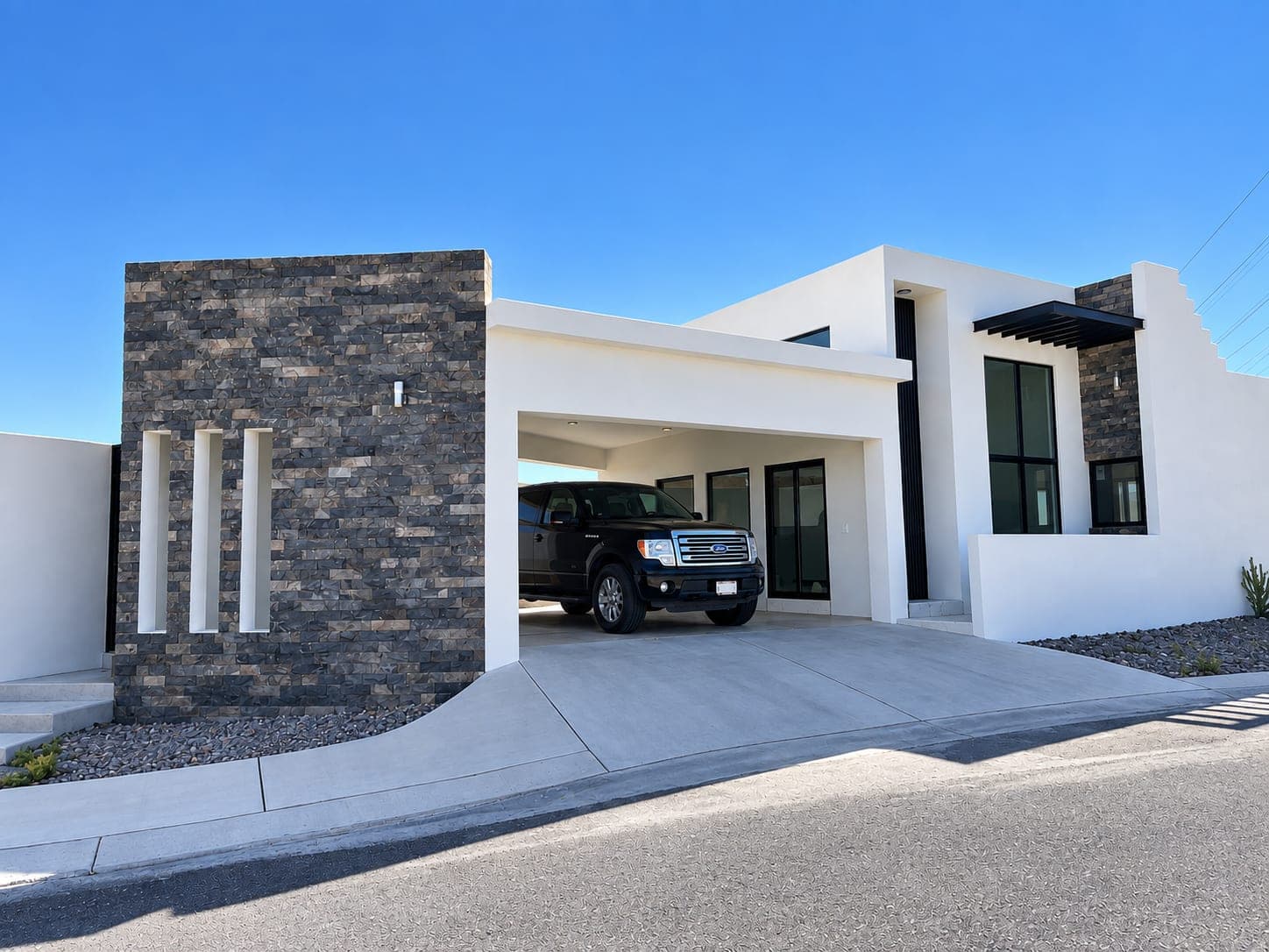 Fachada de Casa Plenitude, casa de una planta construida por Casas Abrek.
